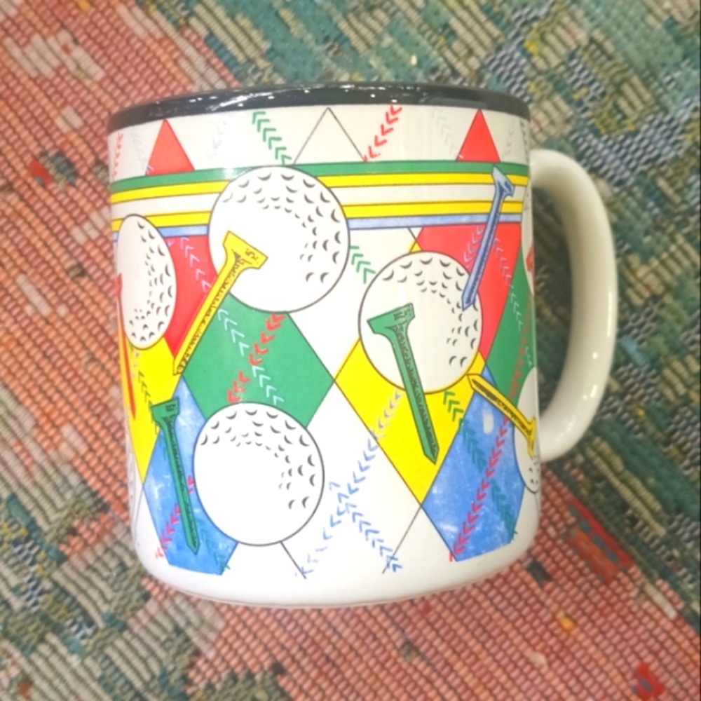 Vintage 1992 Golf Ball Tee Plaid Ceramic White Red Blue Yellow Green Black Mug